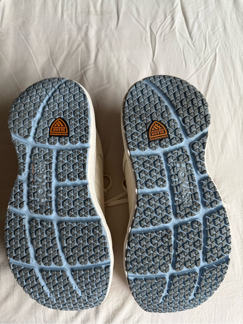Hoka Chunky Platform Running Shoes in Off-White with Light Blue Soles - Picture 5 of 5